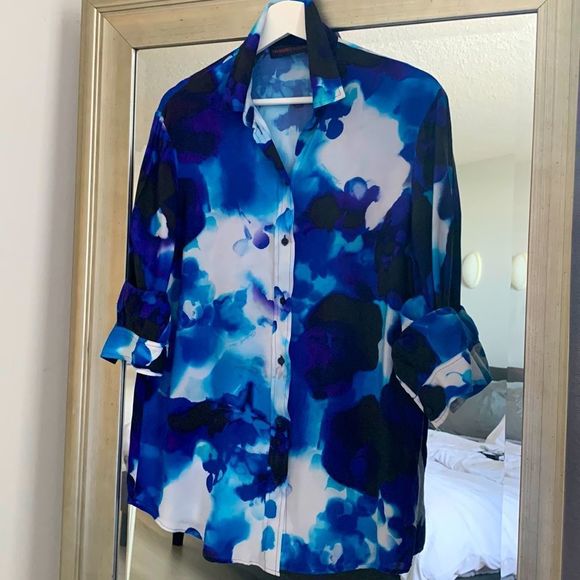 Trussardi Jeans Blue Abstract Oversized Shirt Size 42 EUR M USA - Picture 1 of 7